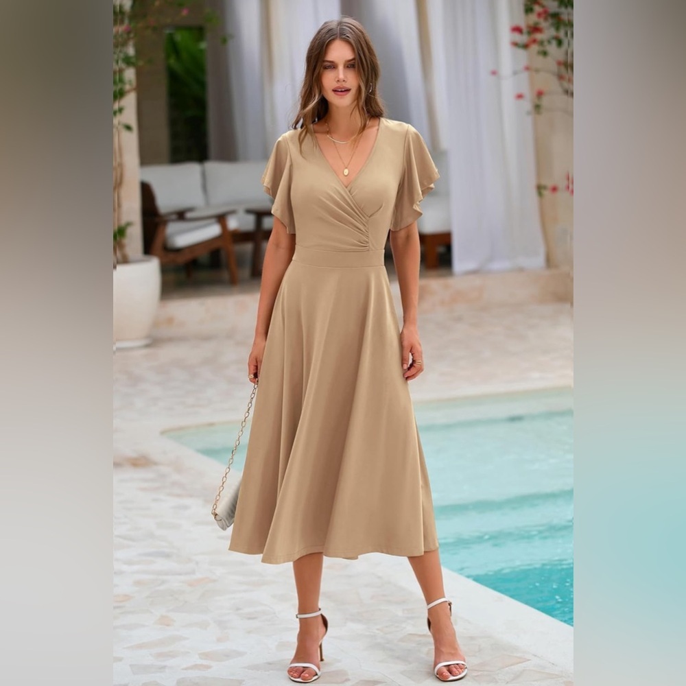 PRETTYGARDEN Womens 2024 Summer Midi Dress Ruffle Cap Sleeve V Neck Swing A Line